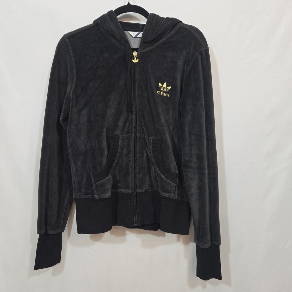 Adidas Originals Womens Small Black Velour Hoodie Gold Trefoil Full Zip Y2K